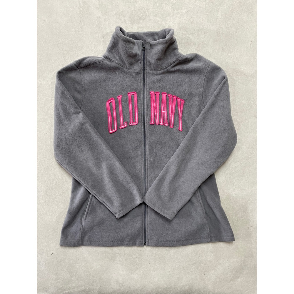 Old Navy Womens Gray Pink Logo Full Zip Fleece Jacket Mock Neck XXL